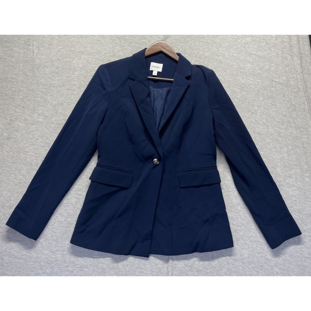 Nine West Blazer Jacket Womens 6 Navy Blue Single Breasted Notch Lapel Business